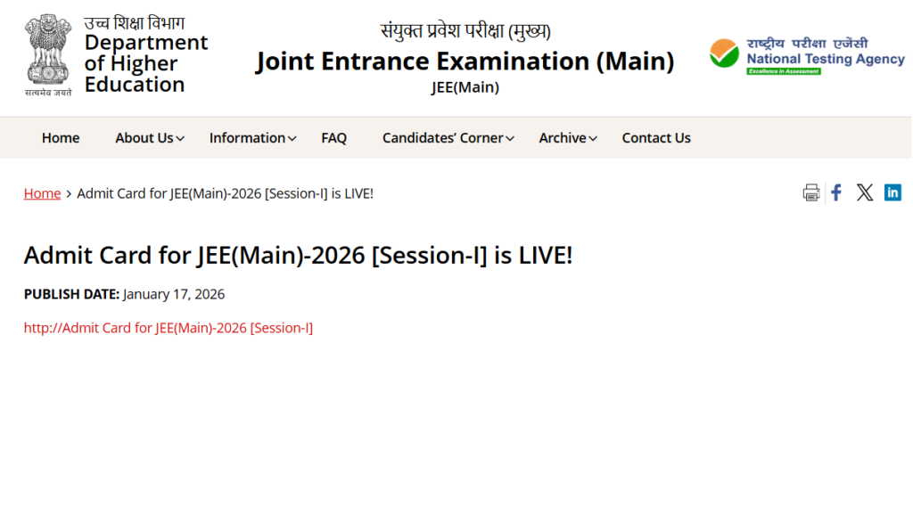 JEE Mains 2026 Admit Card